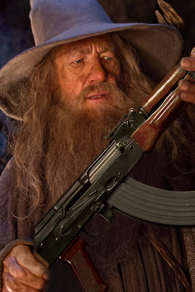 автомат, ak, Gandalf, шляпа, калашников, гэндальф, серый