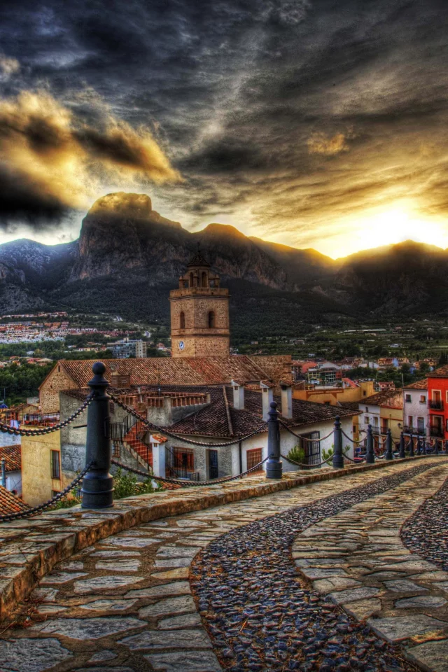 mountain, houses, sky, colorful, hdr, clouds, road, street, old, colors, Architecture, sunset