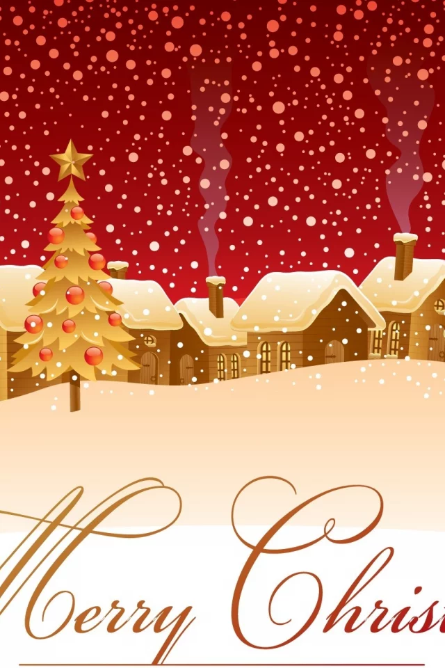 зима, merry christmas, ёлка, Снег, домики, дымок