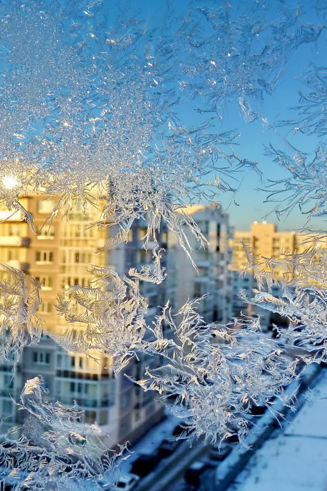 Зима, мороз, дома, окно, узор