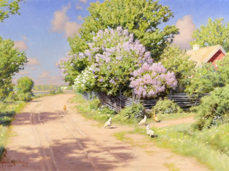 Картина, дом, пейзаж, деревня, johan krouthen, тень, дорога