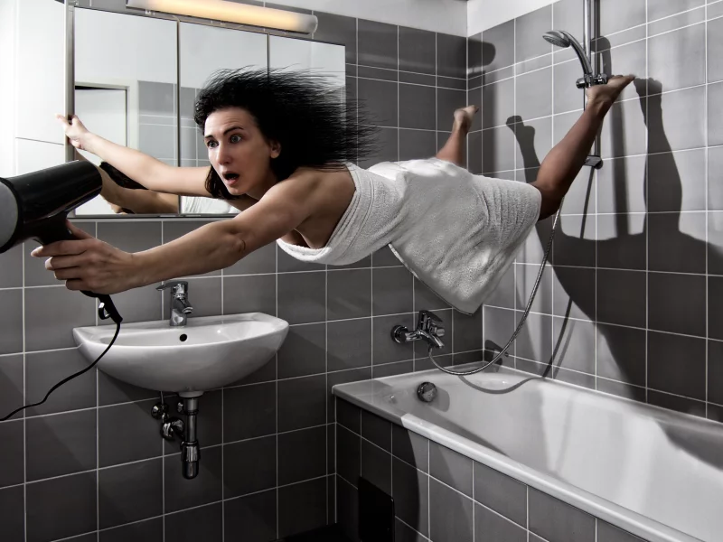 funny, bath room, Brunette, hair dryer