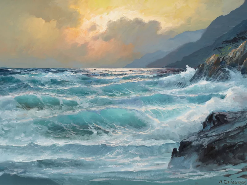 sky, sea, небо, waves, волны, shore, природа, картина, Painting
