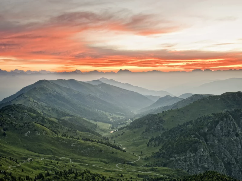 горы, красные, Небо, туман, долина, тучи