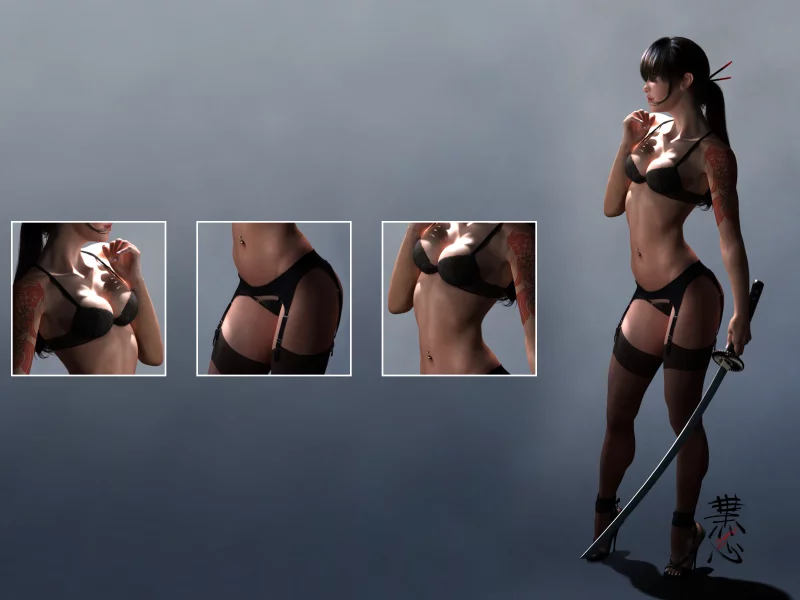 sword, Sexy, panty, girl, black hair, lingerie, breasts, tattoo, woman, bra, legs, katana, warrior