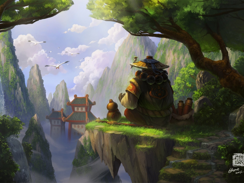 азия, панда, world of warcraft, скалы, птицы, Арт, mists of pandaria