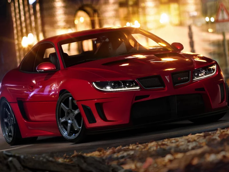красная, огни, город, машина, gto, Pontiac, ночь