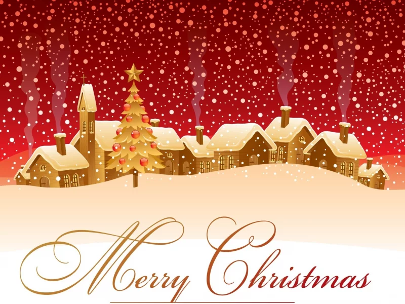 зима, merry christmas, ёлка, Снег, домики, дымок