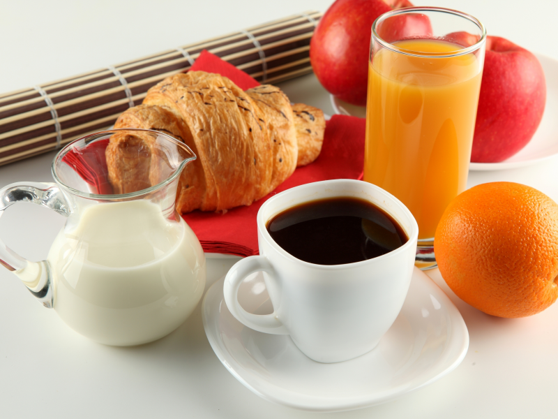 сок, круассан, кофе, яблоки, молоко, Завтрак, апельсин