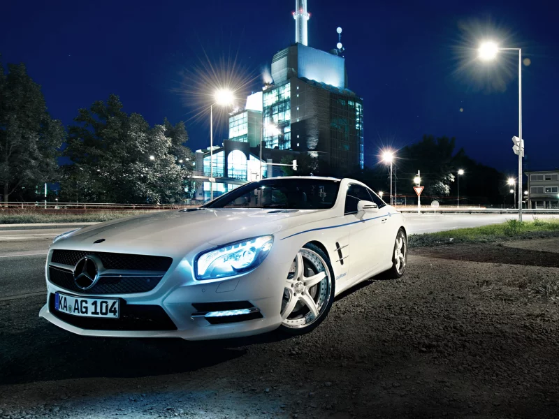 night, graf weckerle, 2012 car, white, glow, tuning, Mercedes-benz, sl 500, xenon, lights