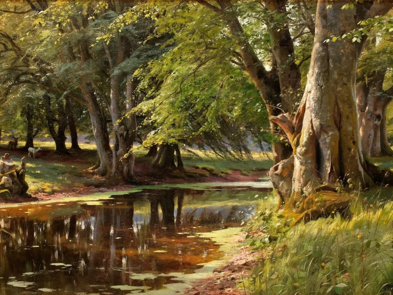 пейзаж, деревья, Картина, peder mork monsted, лето, река, лес