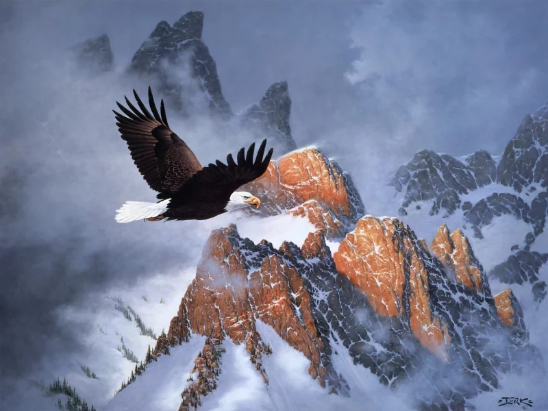 живопись, горы, fire on the mountain, Derk hansen, орёл, зима