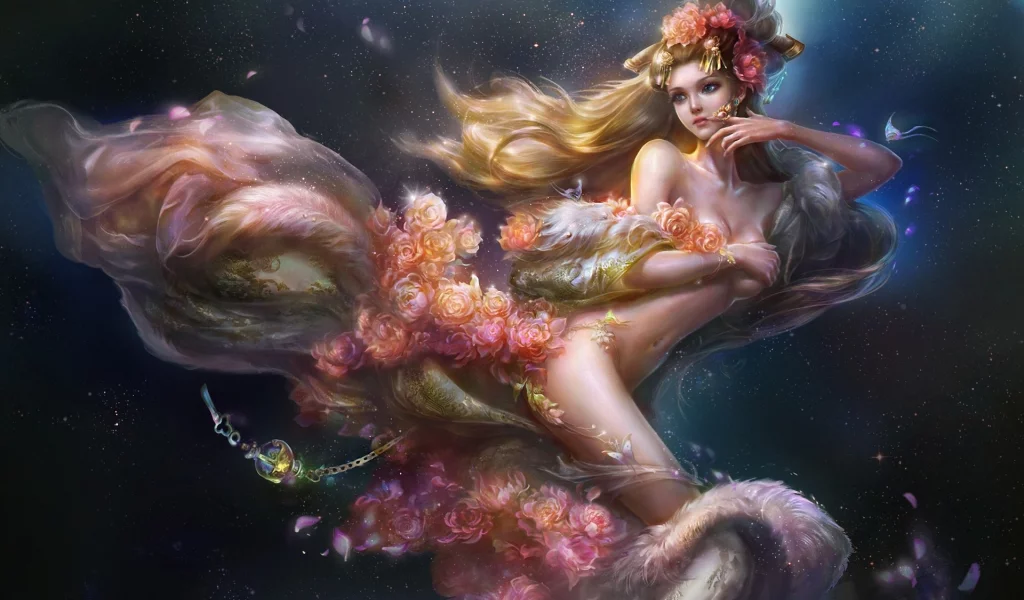 девушка, звезды, rongrong wang, украшения, Арт, цветы, rong rong