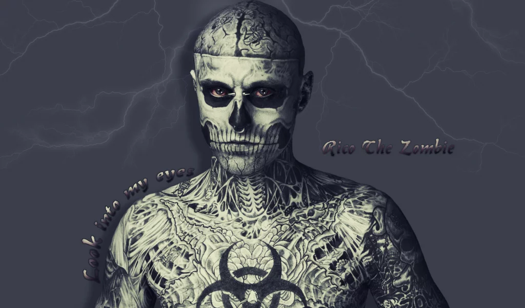 молния, татуировки, глаза, the zombie, Rico, человек скелет