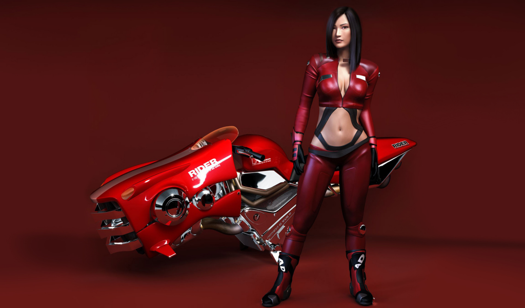 bike, girl, rider, leather, 3d, erotic, Red, woman, vehicle, breasts, sexy