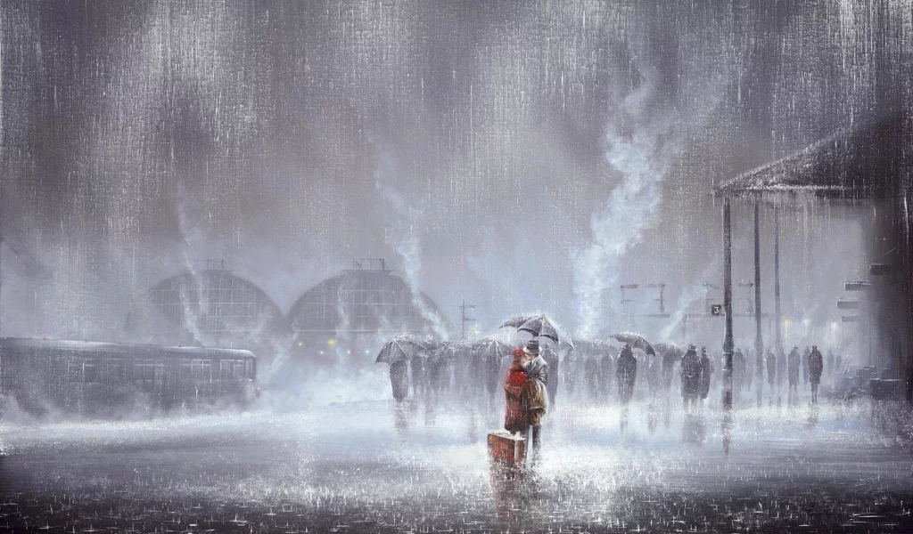 дождь, любовь, Картина, двое, jeff rowland, вокзал, встреча