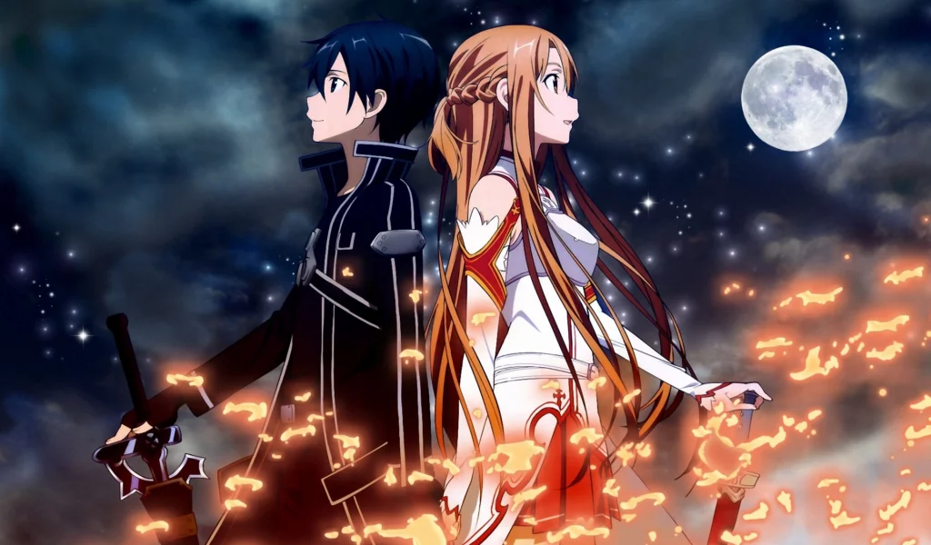 kirito, парень, ночь, девушка, оружие, sword art online, меч, Asuna