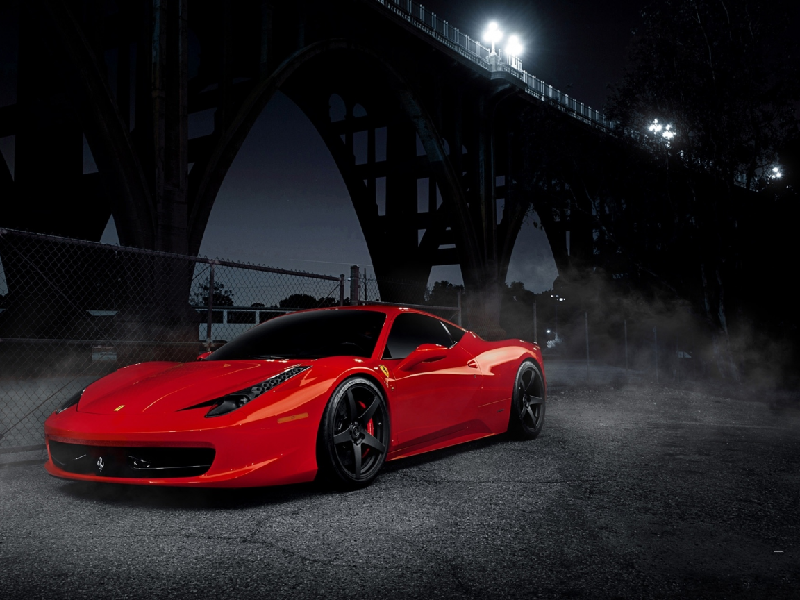 458 italia, black, bridge, феррари, night, red, италия, wheels, Ferrari