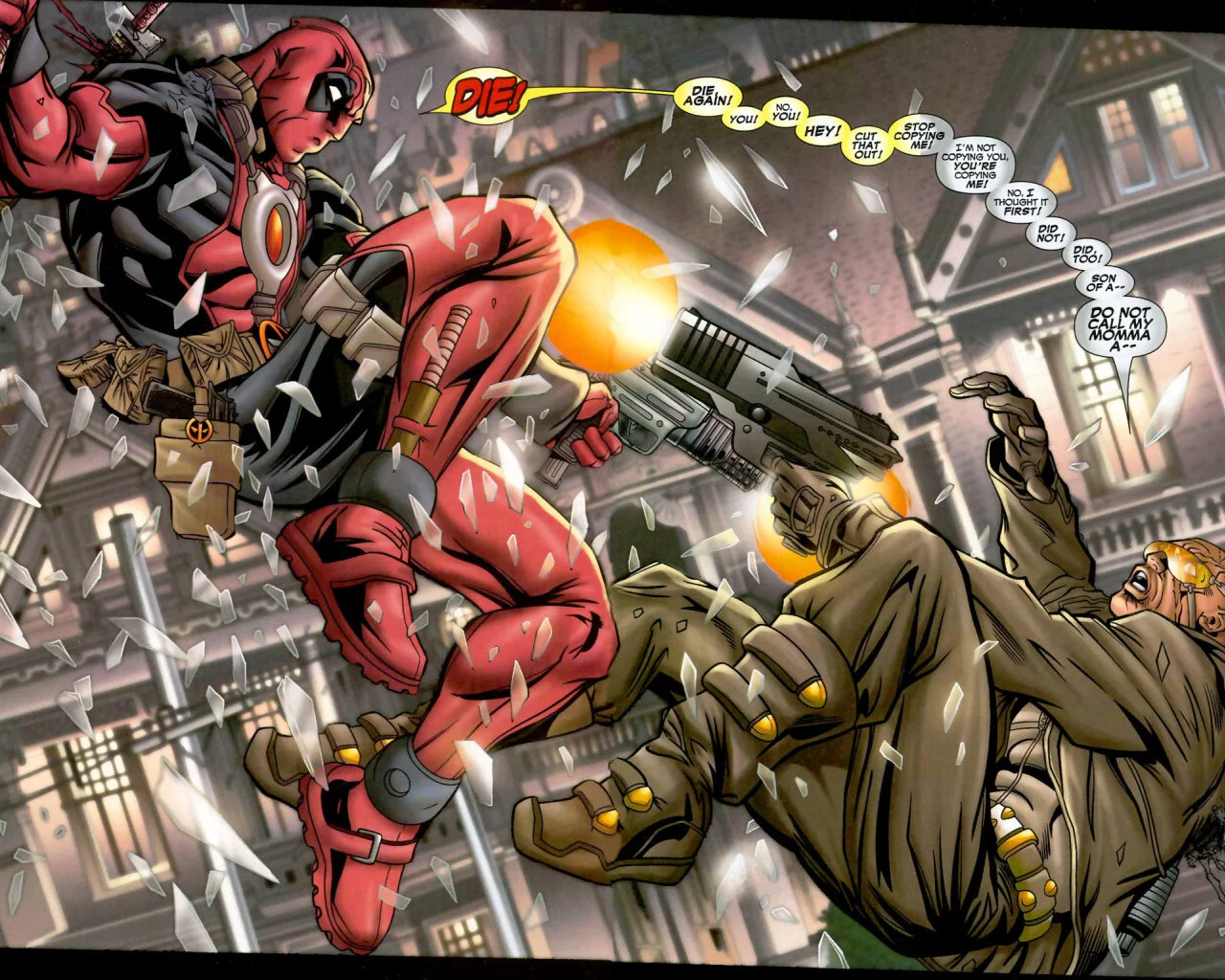 оружие, comics, heroes, marvel, кровь, ninja, выстрелы, Deadpool, gun