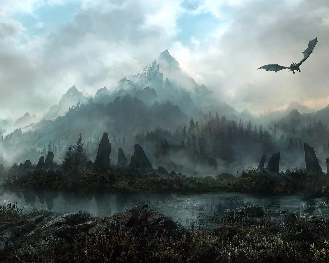 land of skyrim, лес, туман, дракон, арт, jonasdero, камни, Горы