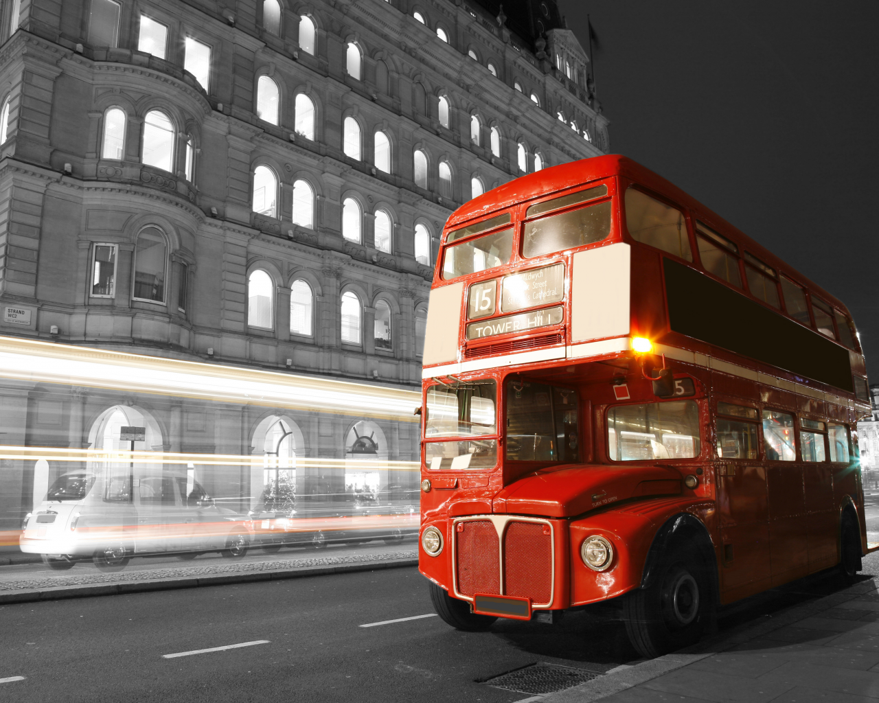 лондон, London, lights, city, bus, , road, black and white, night, blur, street, england