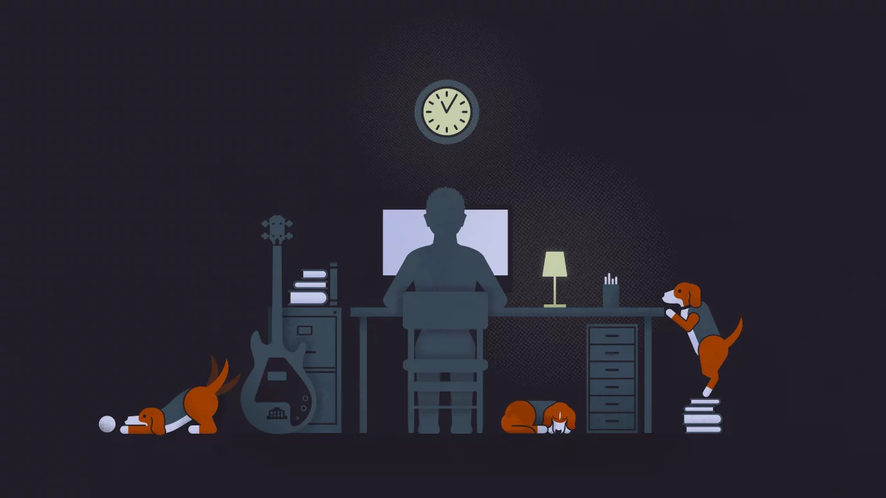 гитара, dogs, illustration, black, Guy, solitude, lamp, computer, guitar, desk, парень