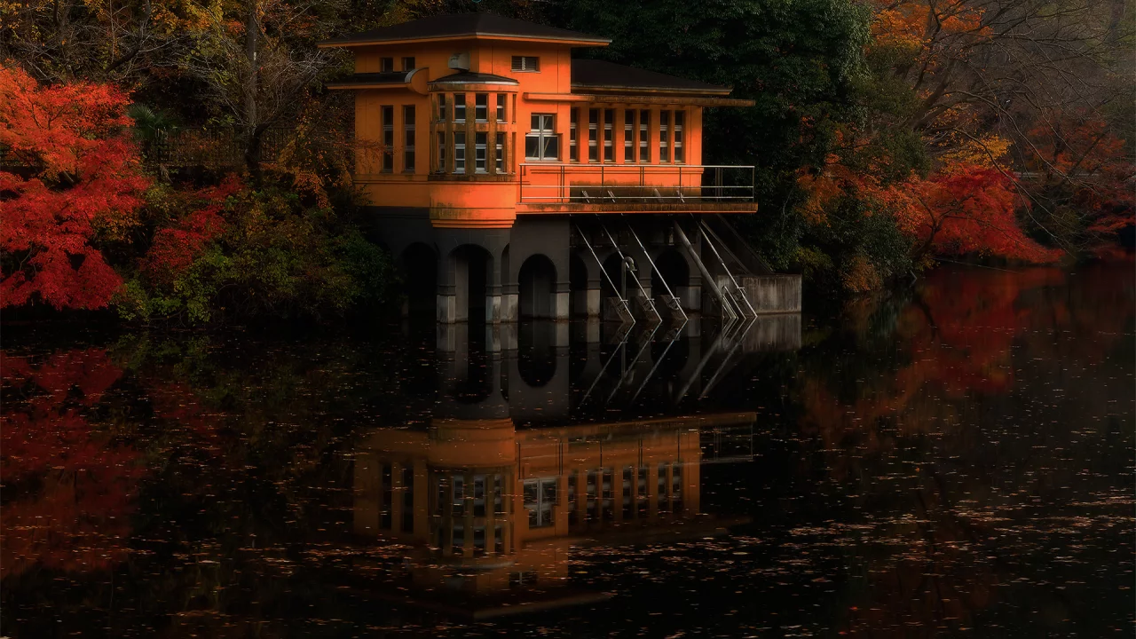 япония, дом на воде, краски, осень, река, Природа, лес