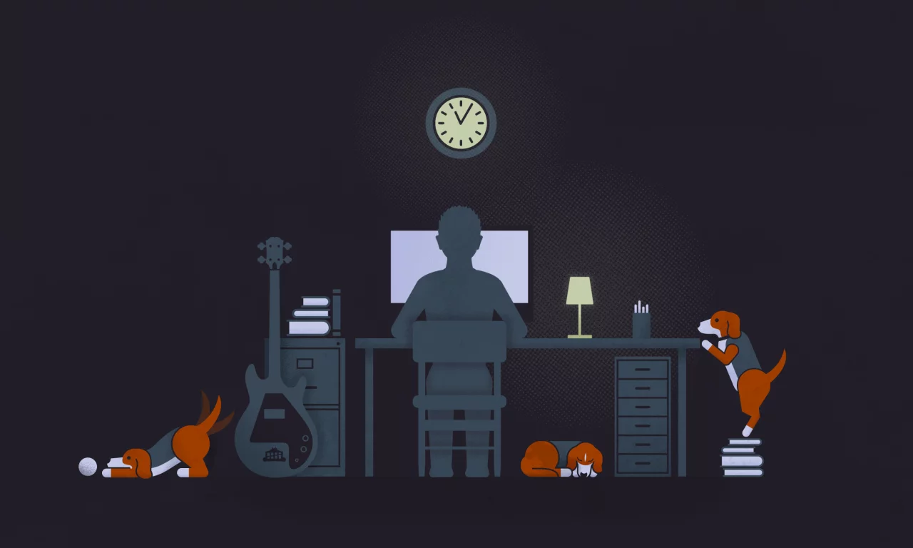 гитара, dogs, illustration, black, Guy, solitude, lamp, computer, guitar, desk, парень