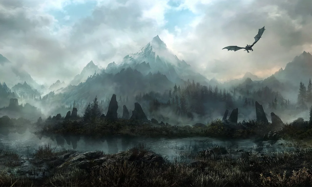 land of skyrim, лес, туман, дракон, арт, jonasdero, камни, Горы