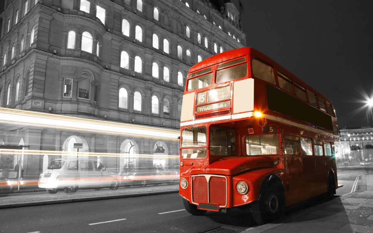 лондон, London, lights, city, bus, , road, black and white, night, blur, street, england