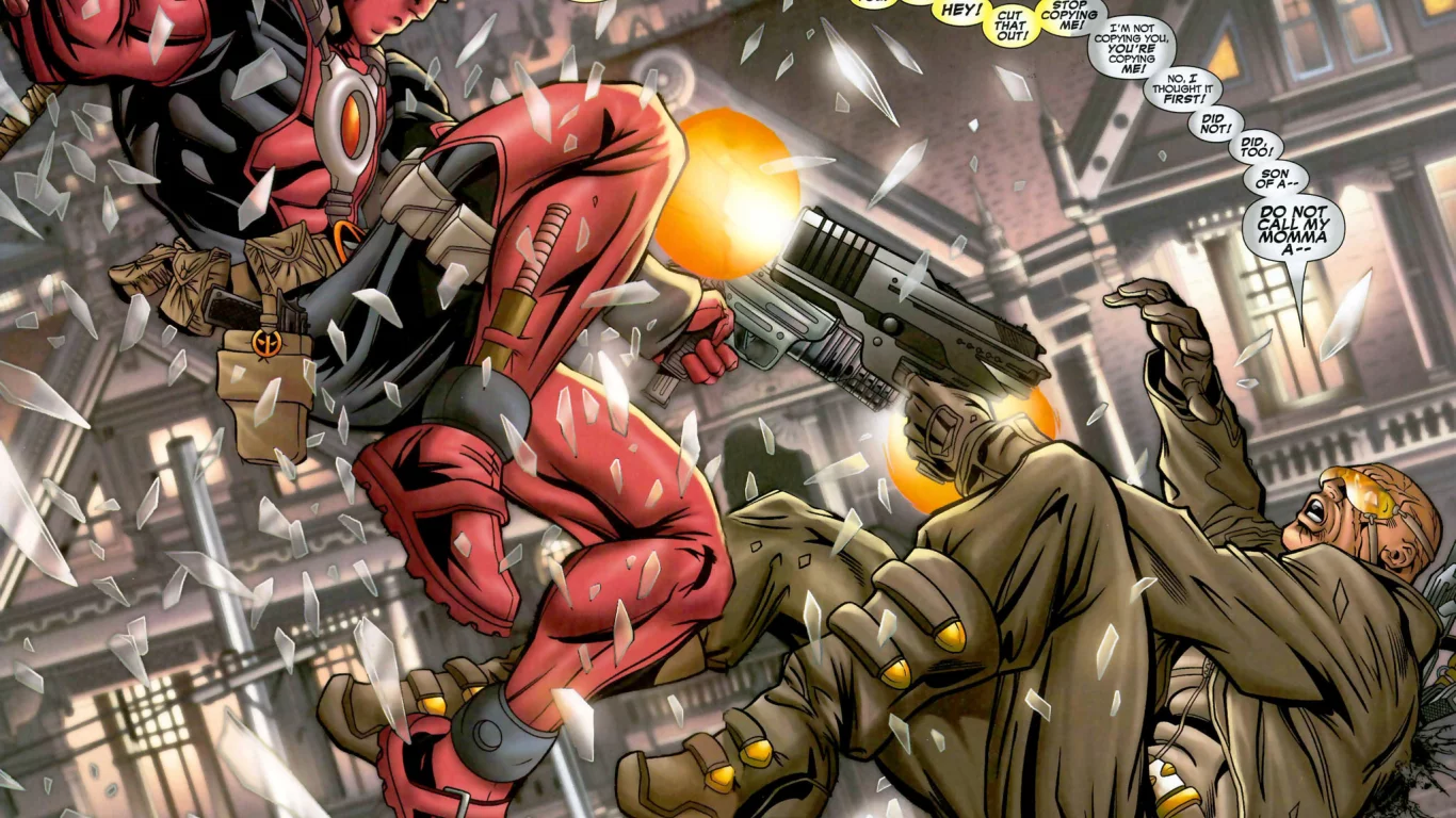 оружие, comics, heroes, marvel, кровь, ninja, выстрелы, Deadpool, gun