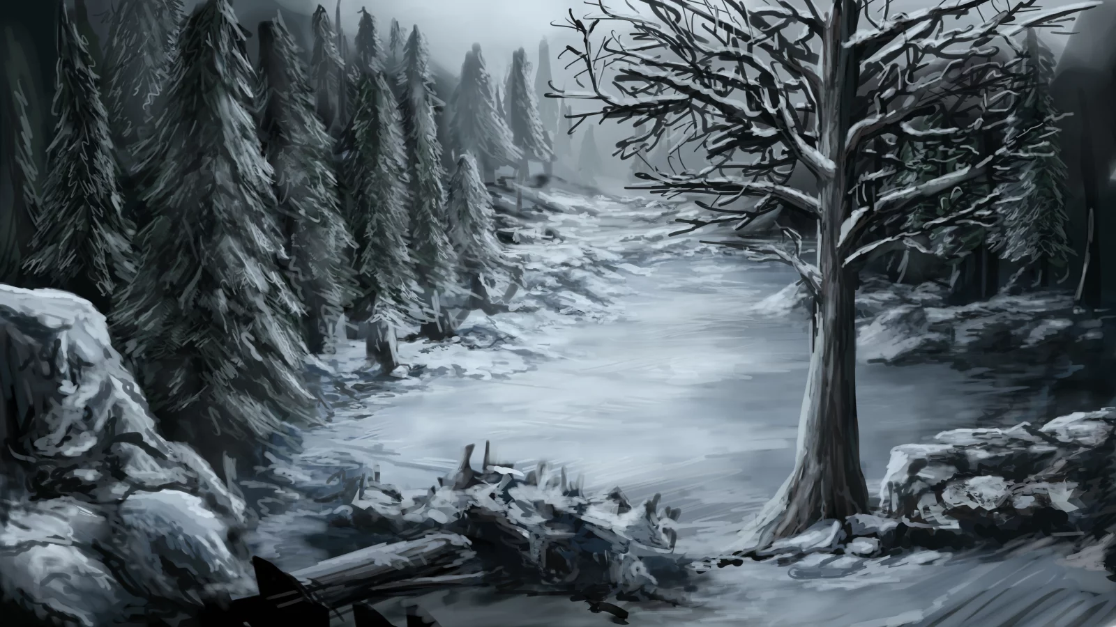 лес, холод, дерево, Арт, природа, зима, снег, камни