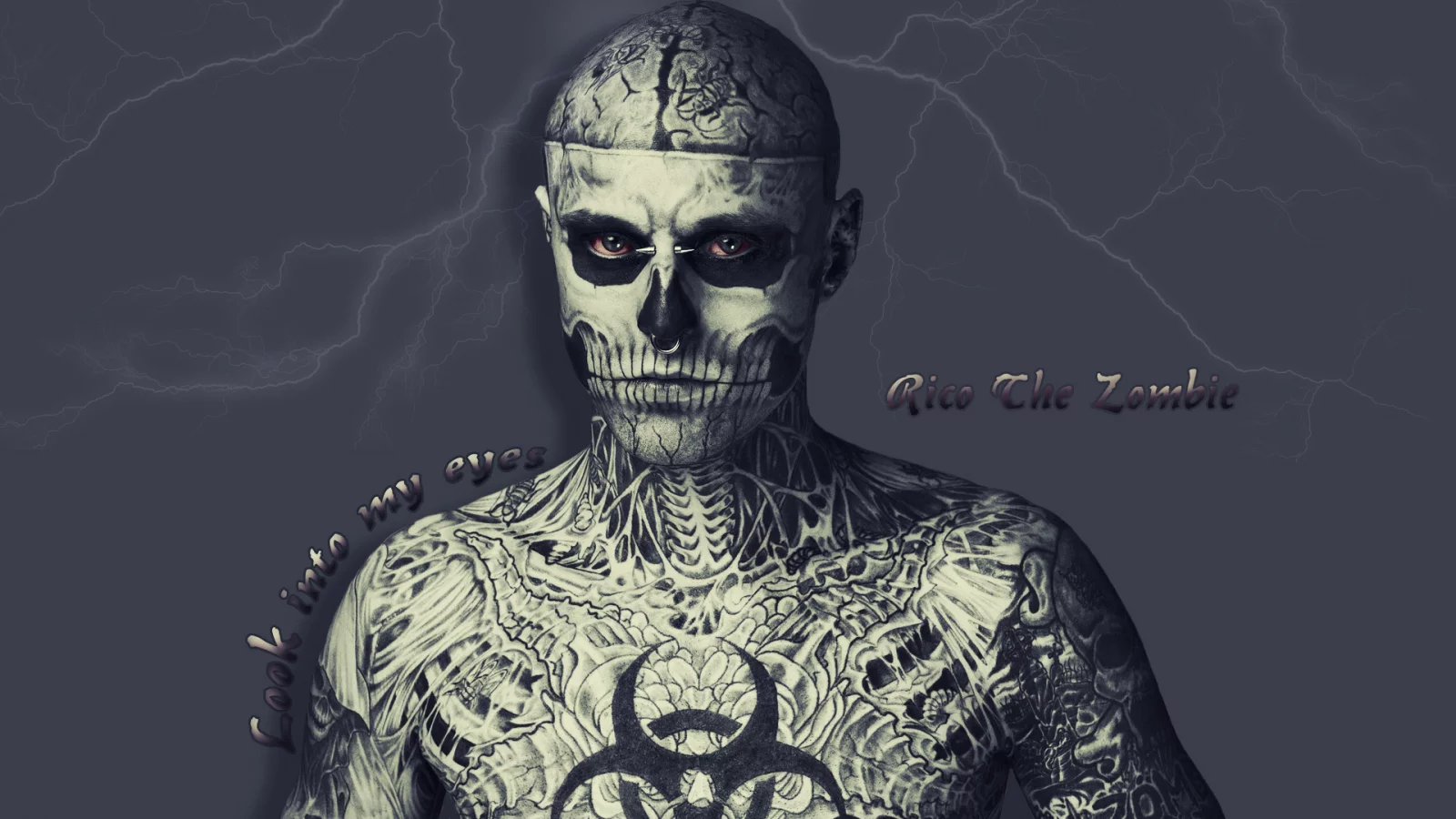 молния, татуировки, глаза, the zombie, Rico, человек скелет