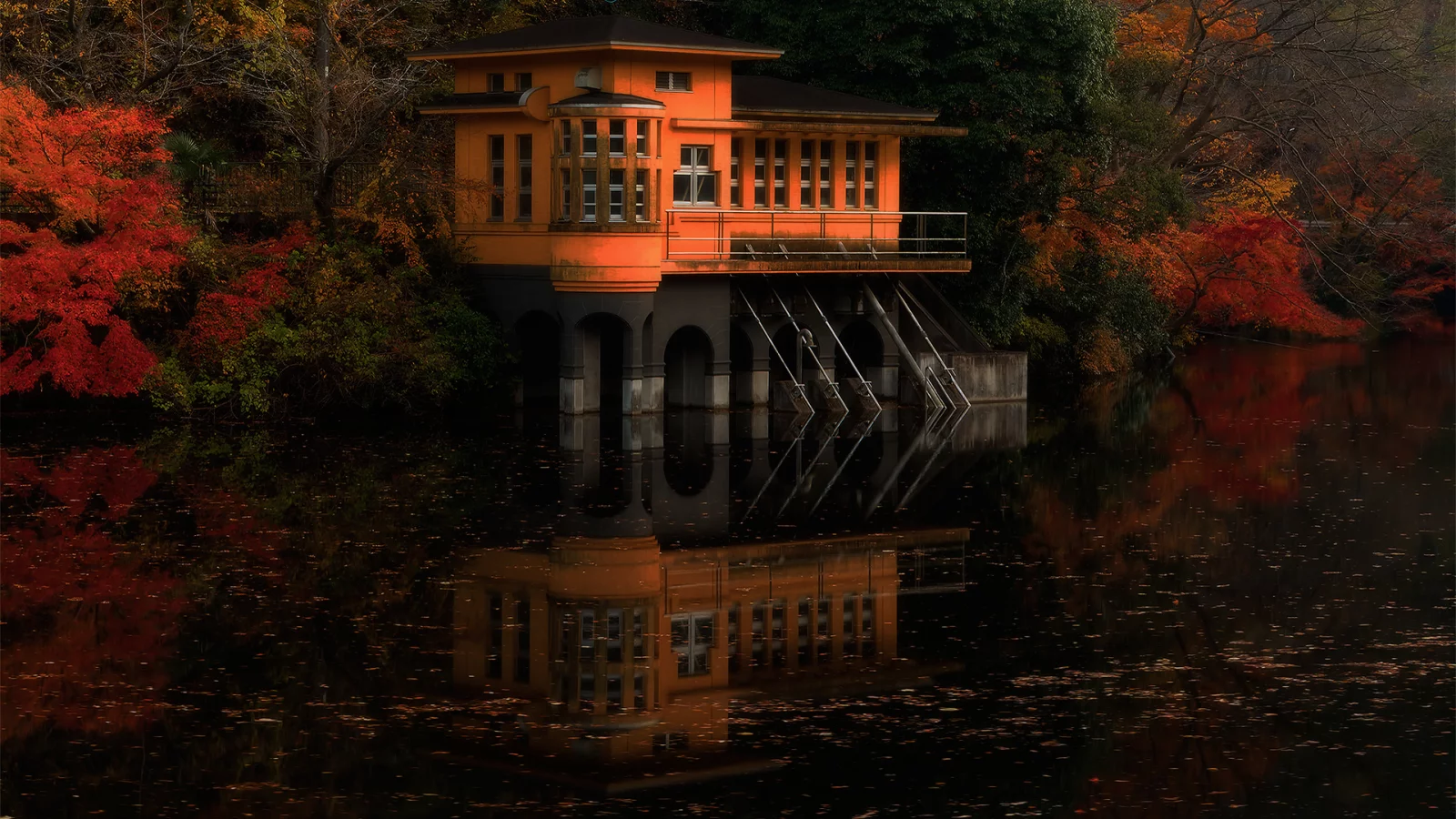 япония, дом на воде, краски, осень, река, Природа, лес