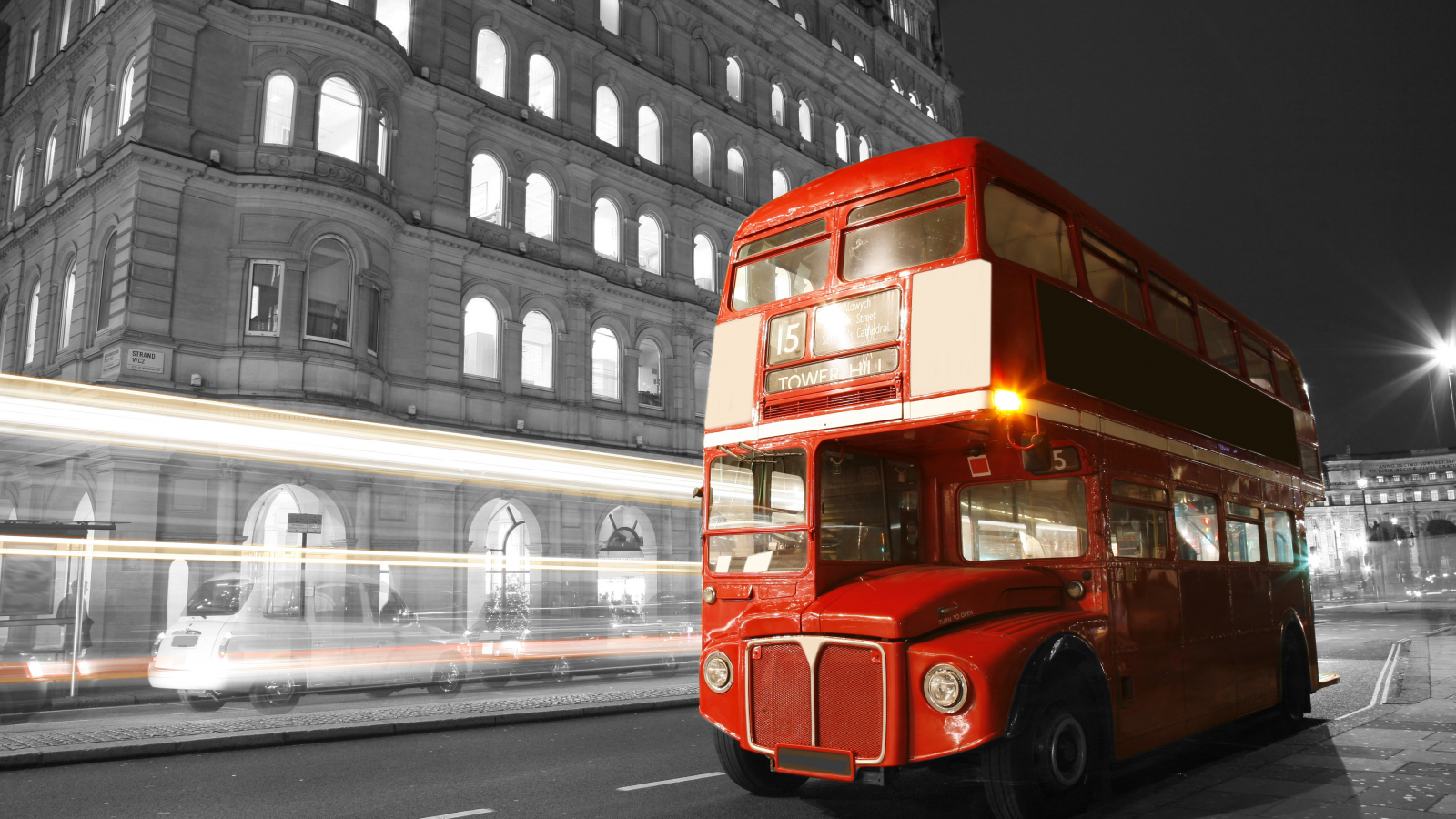 лондон, London, lights, city, bus, , road, black and white, night, blur, street, england