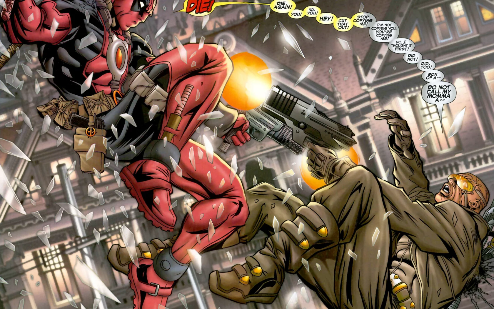оружие, comics, heroes, marvel, кровь, ninja, выстрелы, Deadpool, gun
