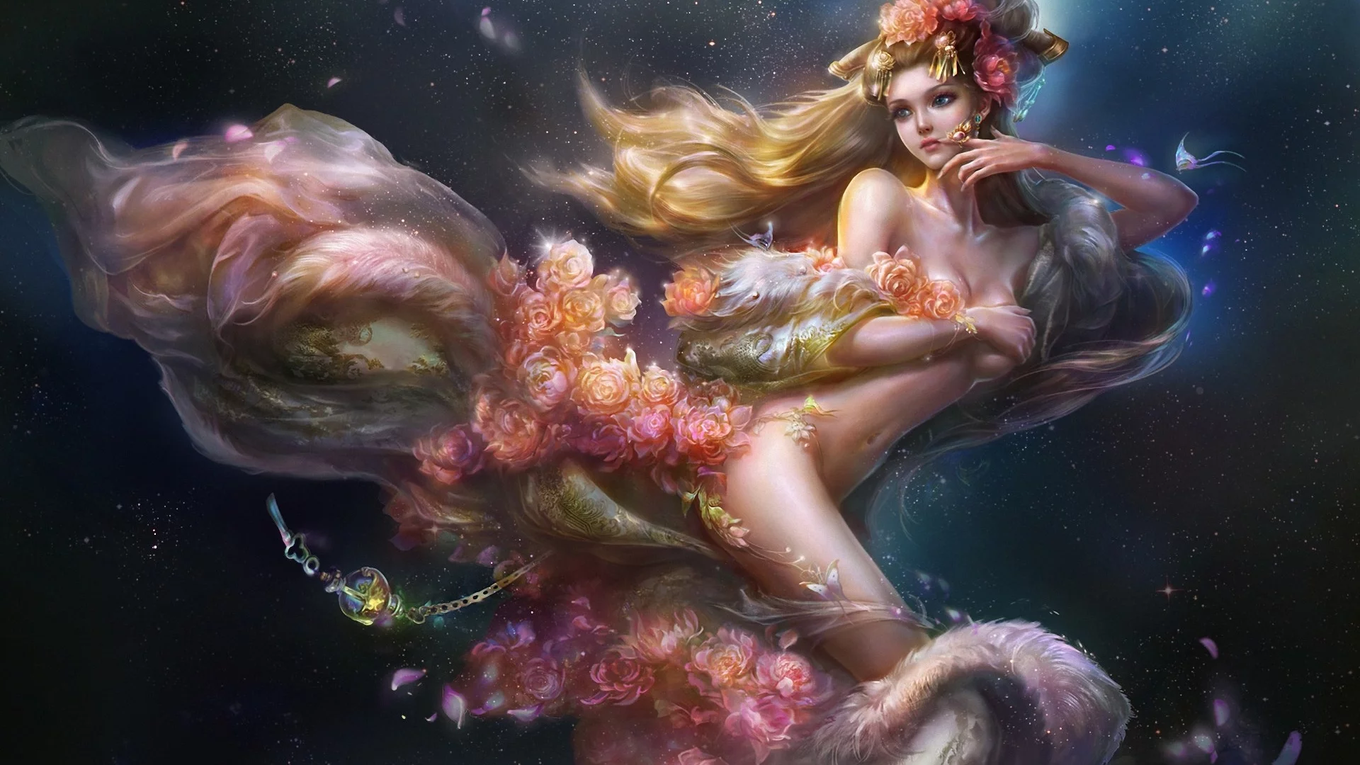 девушка, звезды, rongrong wang, украшения, Арт, цветы, rong rong