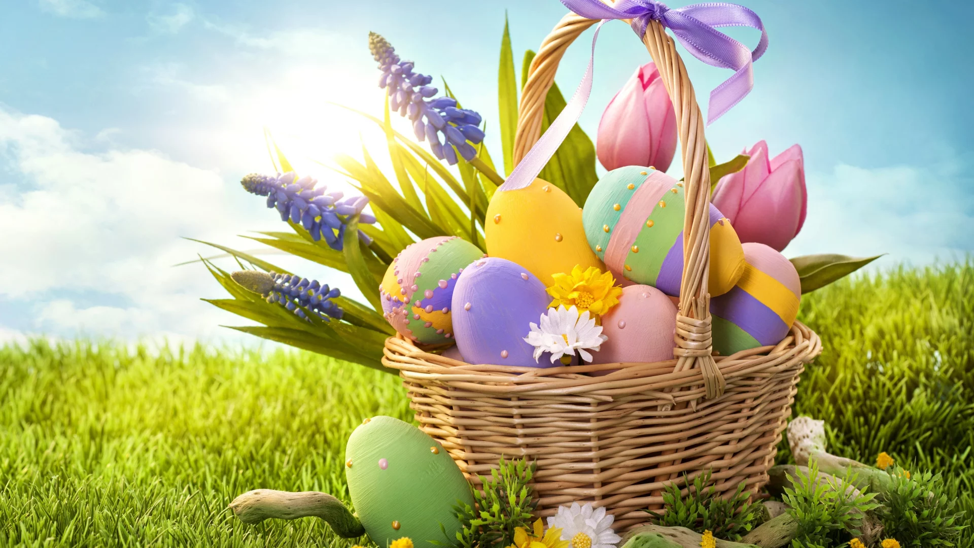 бант, Пасха, easter, пасхальные, яйца, корзина, трава