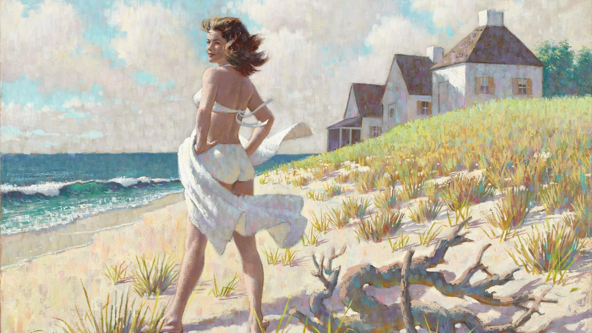 берег, дом, вода, пляж, девушка, купальник, Arthur saron sarnoff