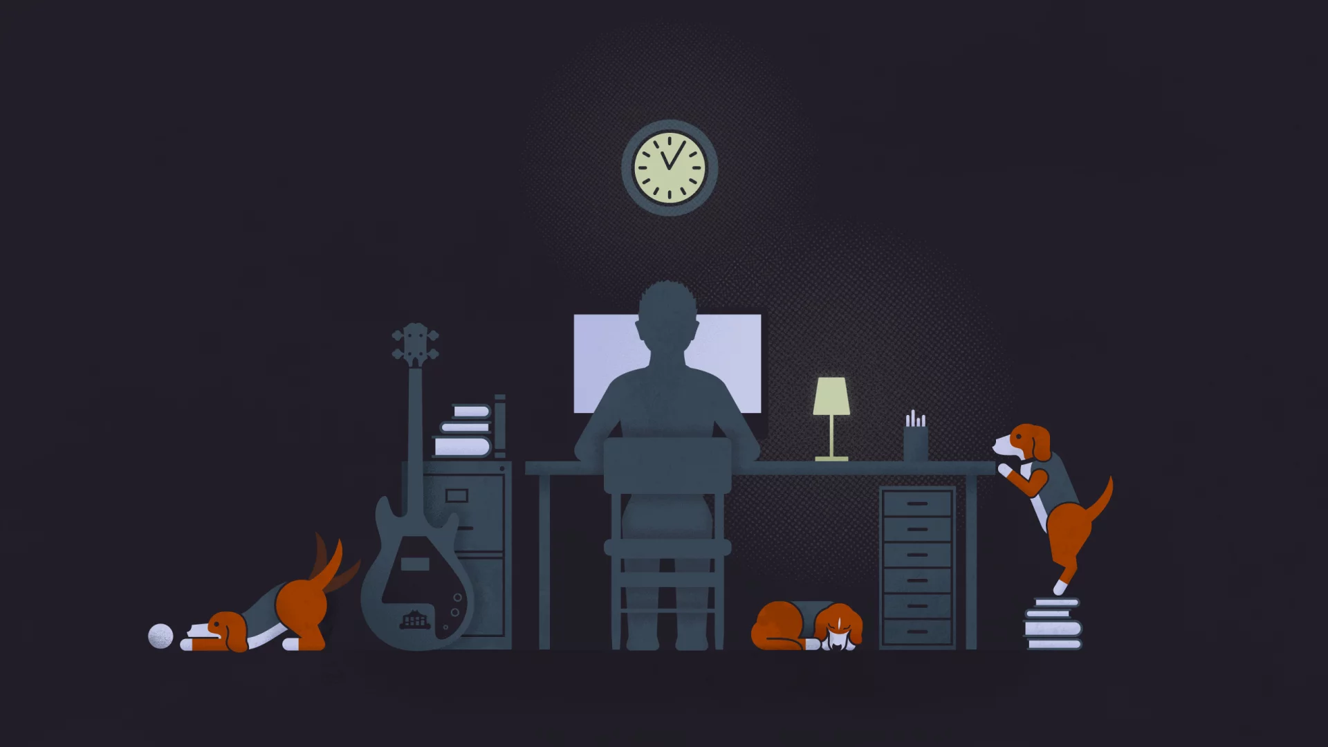 гитара, dogs, illustration, black, Guy, solitude, lamp, computer, guitar, desk, парень