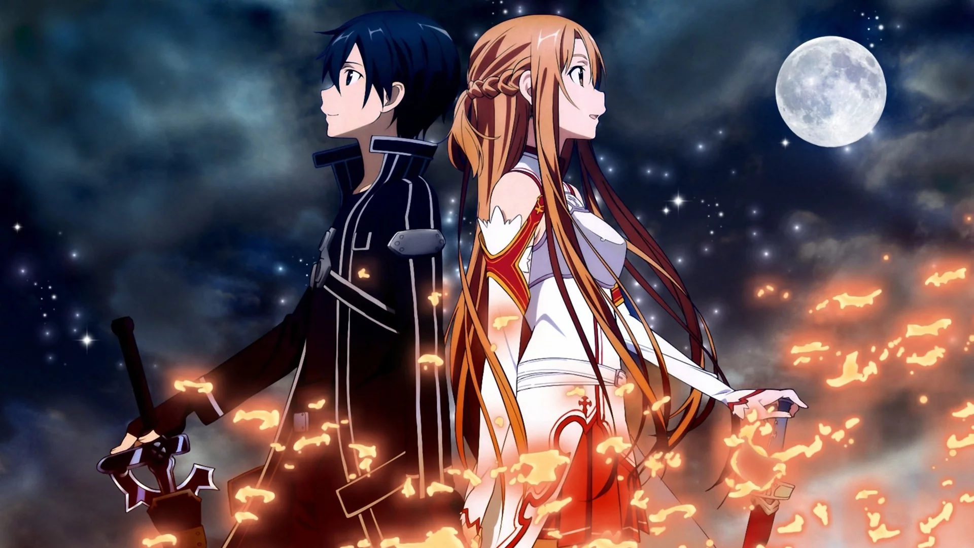 kirito, парень, ночь, девушка, оружие, sword art online, меч, Asuna