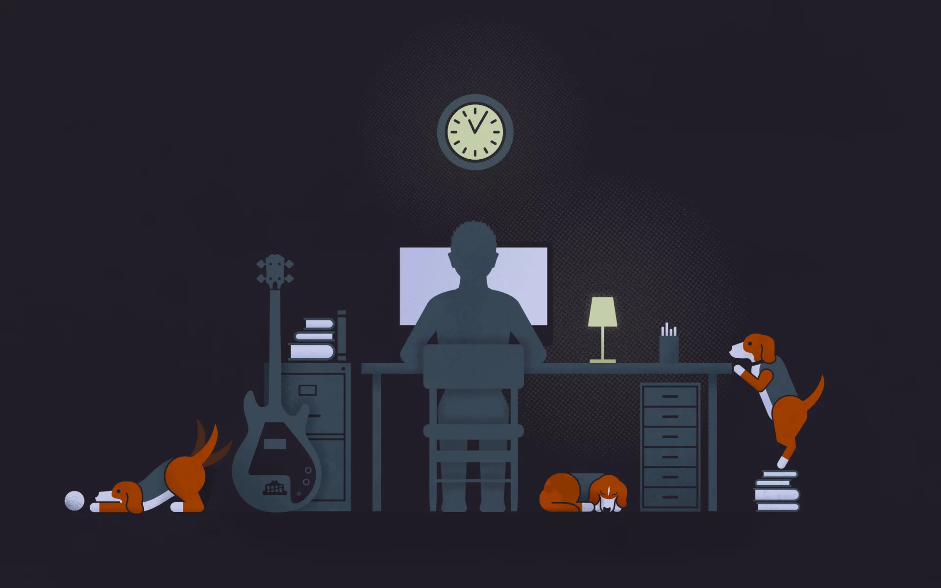 гитара, dogs, illustration, black, Guy, solitude, lamp, computer, guitar, desk, парень