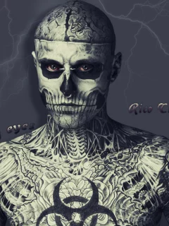 молния, татуировки, глаза, the zombie, Rico, человек скелет