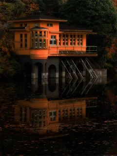 япония, дом на воде, краски, осень, река, Природа, лес