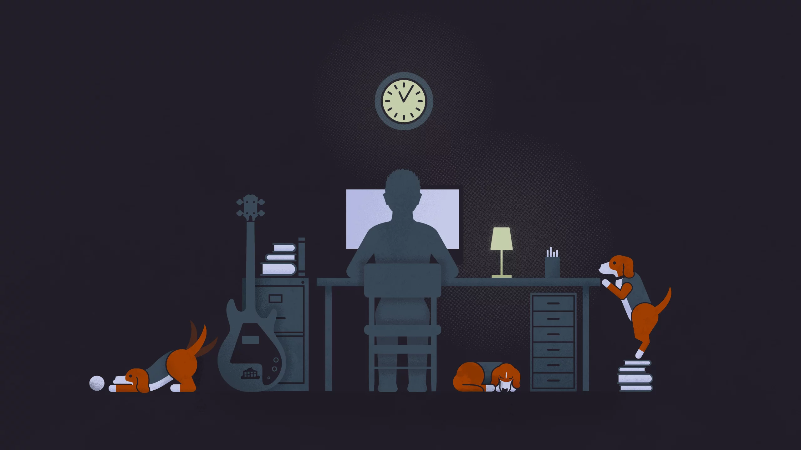 гитара, dogs, illustration, black, Guy, solitude, lamp, computer, guitar, desk, парень