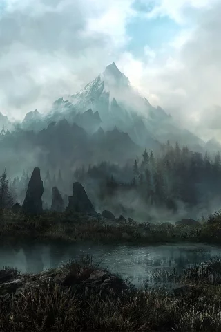 land of skyrim, лес, туман, дракон, арт, jonasdero, камни, Горы