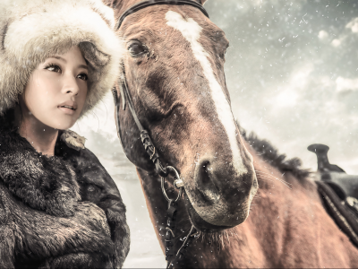 конь, шуба, мех, зима, шапка, Девушка, снег, лошадь