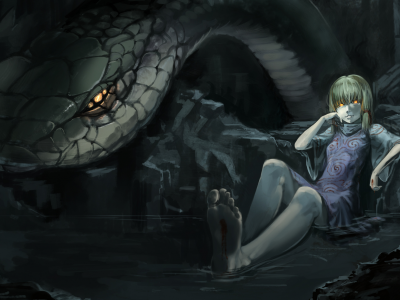 девушка, кровь, touhou, пещера, вода, змея, змей, Moriya suwako