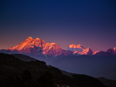 Непал, деревья, вечер, горы, гималаи, синее, небо
