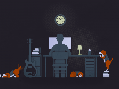 гитара, dogs, illustration, black, Guy, solitude, lamp, computer, guitar, desk, парень